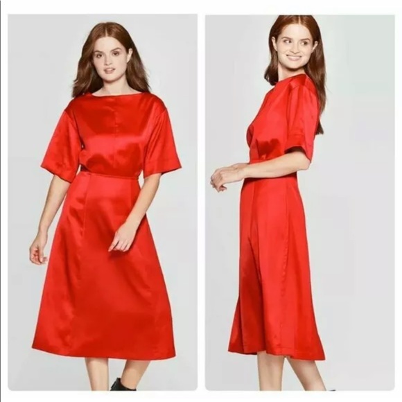 NWT PROLOGUE Satin Elbow Length Sleeve Boat Neck A-Line Midi Dress - Red S - Picture 7 of 7
